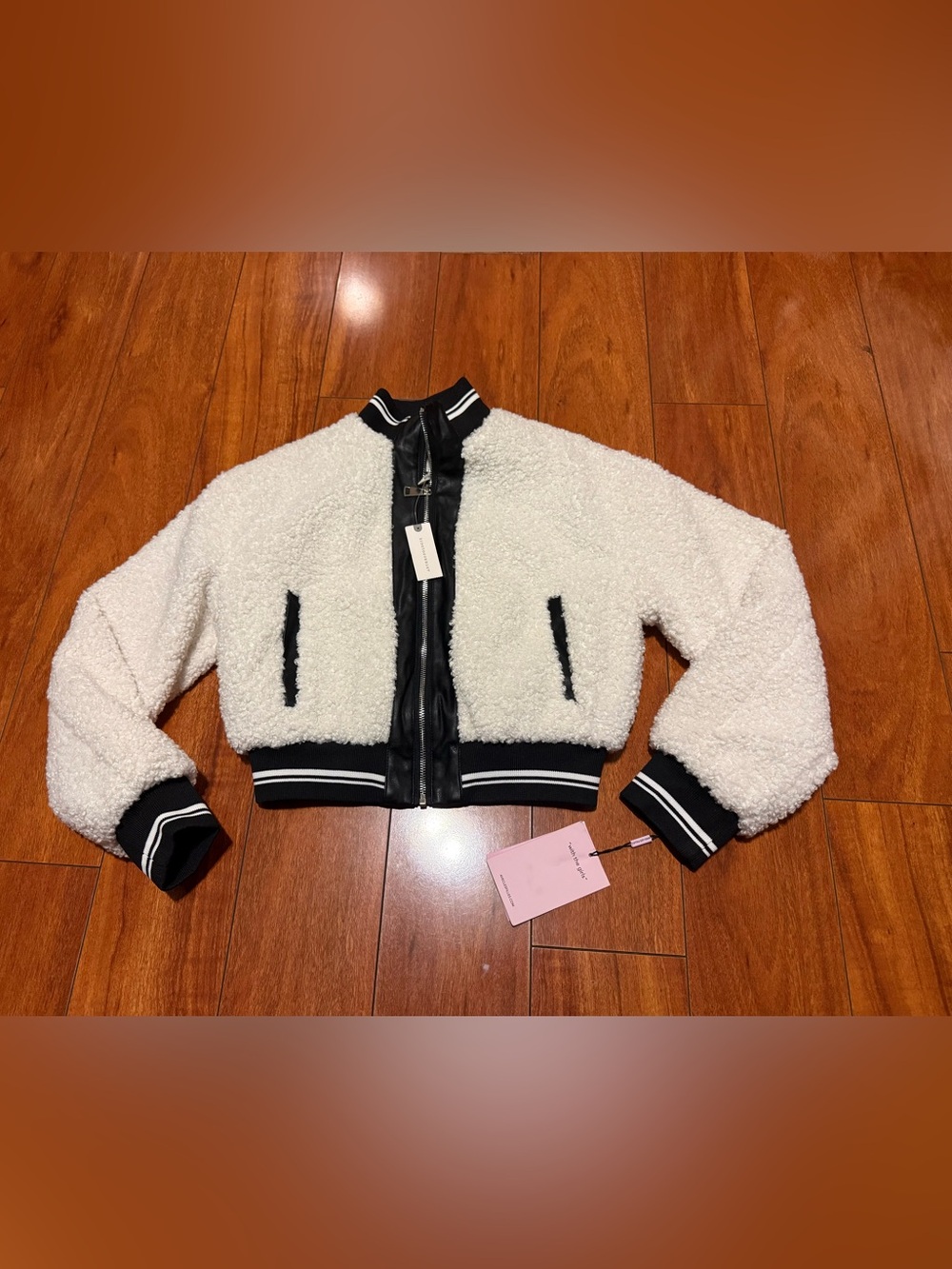 Avec Les Filles White Sherpa Bomber Jacket with Black Trim